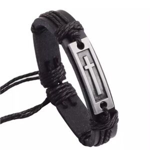 Men’s Boy Black Leather Wrap Silver Cross Verses size adjustable Bracelet